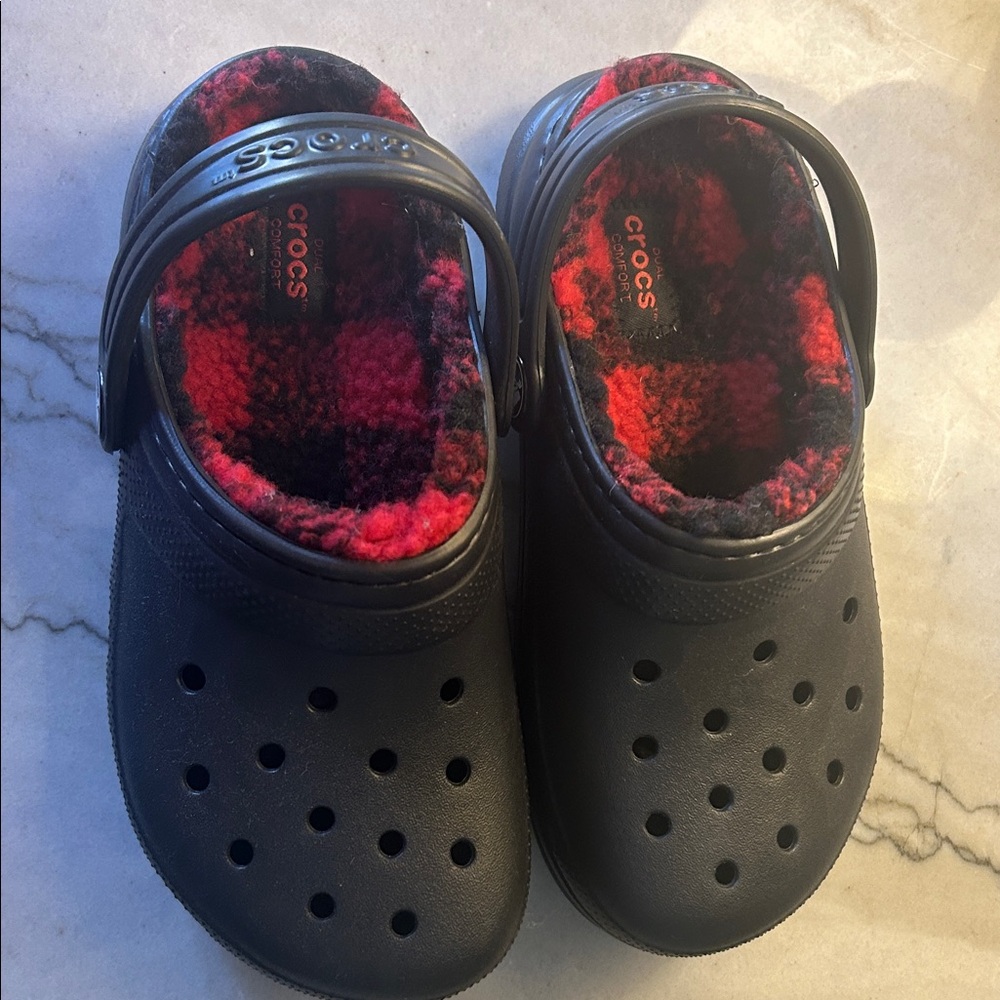 CROCS Kids Black with Red Plaid Lining